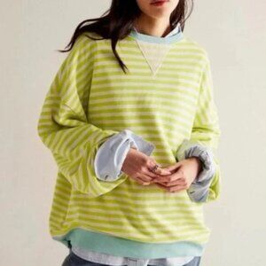 Free People (We the Free) Classic Striped Oversized Crewneck - Lime Combo